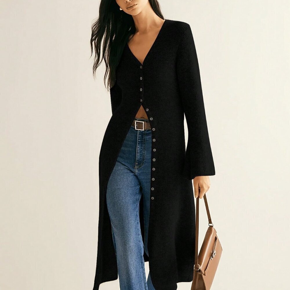 Black Women's Elegant Knitted Cardigan Soft Warm Flared